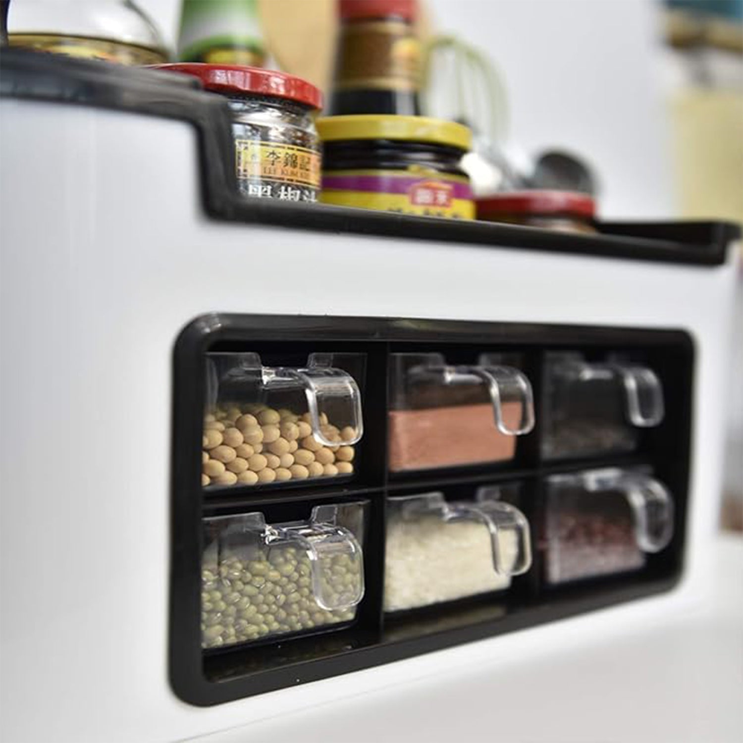 Multifunctional Kitchen Storage Organizer Rack with 6 Spice Containers, Knife & Spoon Holder, and Top Shelf Multifunctional Kitchen Storage Organizer Rack with 6 Spice Containers, Knife & Spoon Holder, and Top Shelf